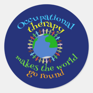 Beroepstherapie maakt de wereld rond blauw ronde sticker