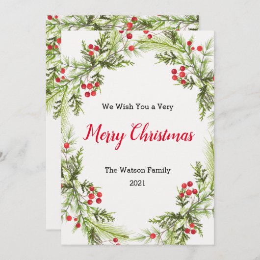 Berries en Greenery Wreath Merry kerstfeestlid Feestdagenkaart (Voorkant / Achterkant)
