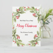 Berries en Greenery Wreath Merry kerstfeestlid Feestdagenkaart (Staand voorkant)