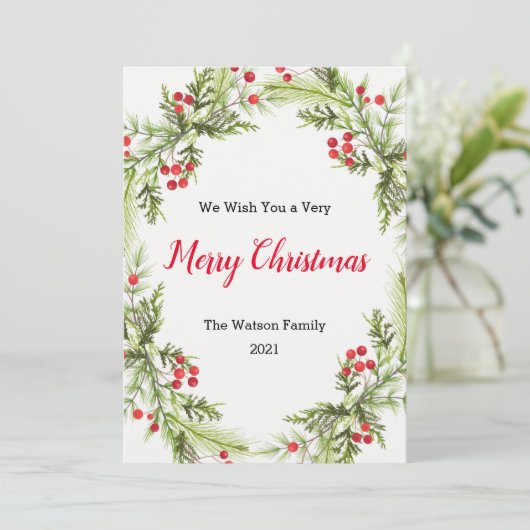 Berries en Greenery Wreath Merry kerstfeestlid Feestdagenkaart (Staand voorkant)