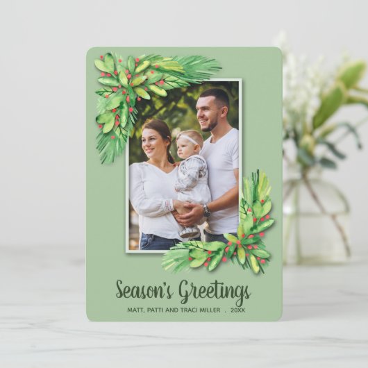 Berries en Greens kerstfoto Feestdagenkaart (Staand voorkant)