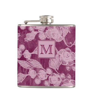 Berries en Paarse bloesems Floral Monogram Heupfles