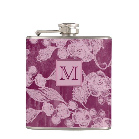 Berries en Paarse bloesems Floral Monogram Heupfles (Voorkant)