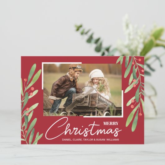 Berries Greenery kerstfoto Feestdagenkaart (Staand voorkant)