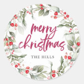 Berries Krans Kalligrafie Vrolijk Kerstfeest Ronde Sticker (Voorkant)