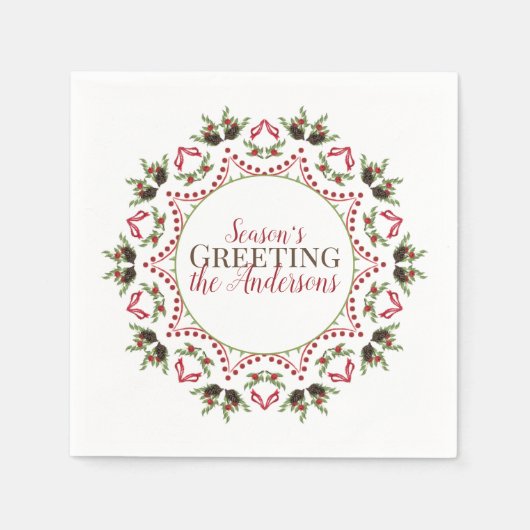 Berries Pinecone Holiday Mandala Kerstmis Aangepas Servet (Voorkant)