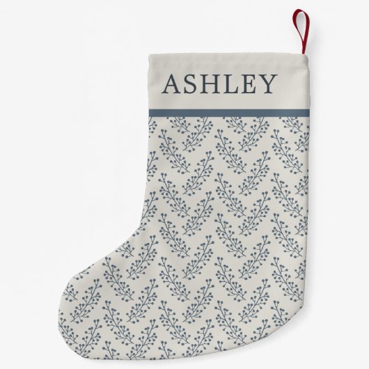 Berries Sprig Pattern Blue Cream Custom Name Kleine Kerstsok (Achterkant)
