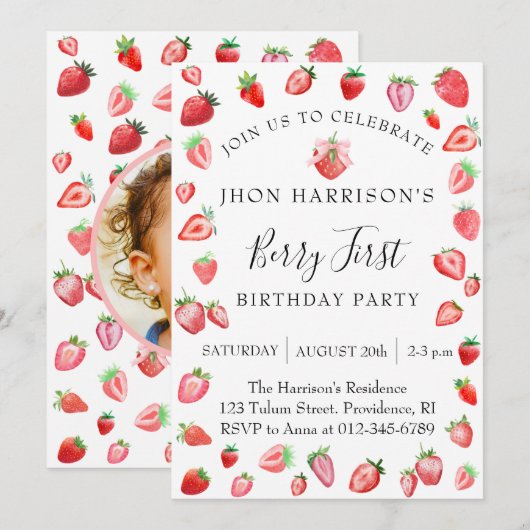 Berry 1e foto verjaardagsfeestje kaart (Voorkant / Achterkant)
