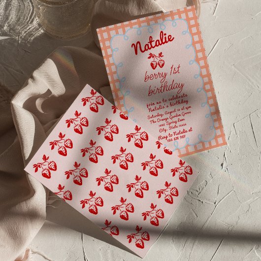 Berry 1e Hand Geschreven Getrokken Aardbei Verjaar Kaart