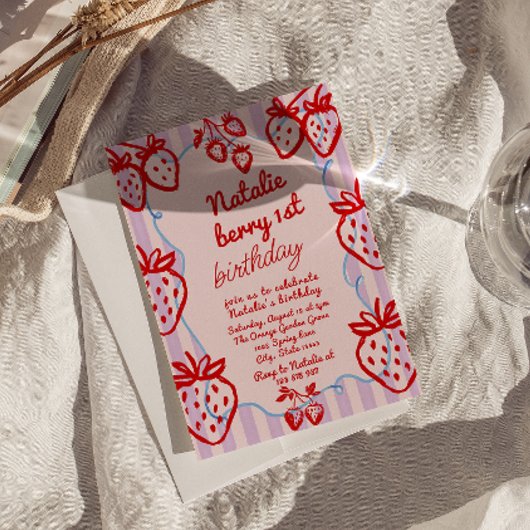 Berry 1e Hand Getrokken Aardbei Foto Verjaardag Kaart