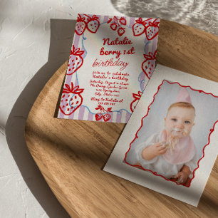 Berry 1e Hand Getrokken Aardbei Foto Verjaardag Kaart