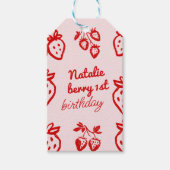 Berry 1e Roze Hand getrokken Aardbei Meisje Verjaa Cadeaulabel (Voorkant)