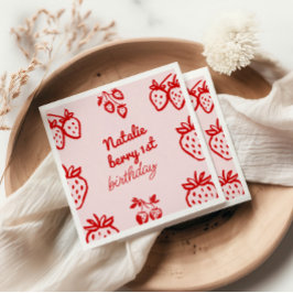 Berry 1e Roze Hand getrokken Aardbei Meisje Verjaa Servet