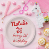 Berry 1e Roze Hand Getrokken Aardbeien Verjaardag Papieren Bordje (Feest)