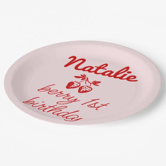 Berry 1e Roze Hand Getrokken Aardbeien Verjaardag Papieren Bordje (Gekanteld)