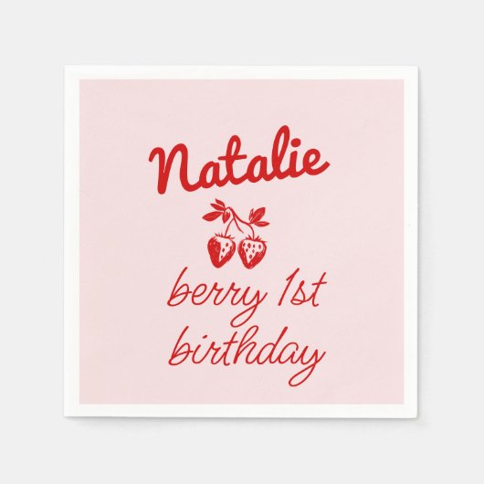 Berry 1e Roze Hand Getrokken Aardbeien Verjaardag Servet (Voorkant)