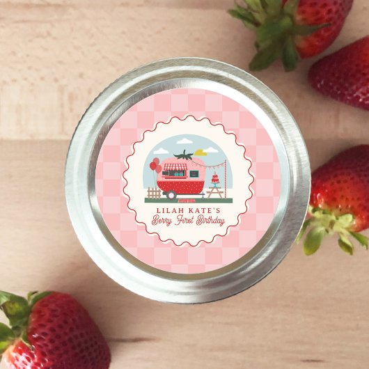 Berry 1e Verjaardag Aardbei Camper Checker Ronde Sticker