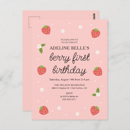 Berry 1e verjaardag aardbei eerste verjaardagsfees briefkaart (Voorkant / Achterkant)