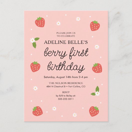 Berry 1e verjaardag aardbei eerste verjaardagsfees briefkaart (Voorkant)