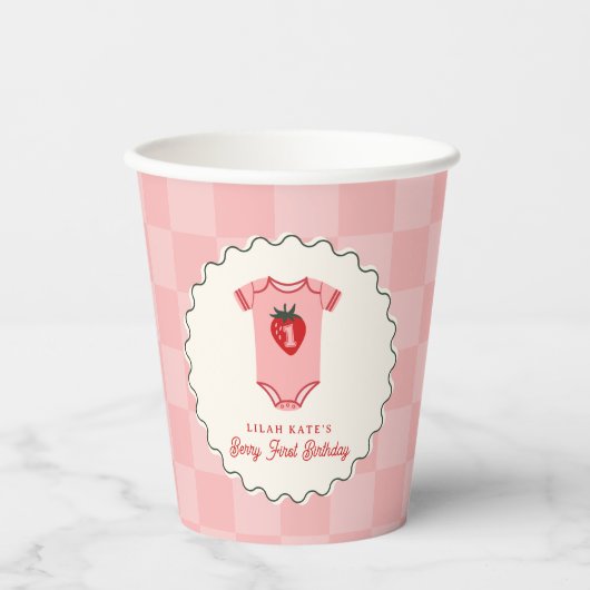 Berry 1e Verjaardag Aardbei Shirt Checkerboard Papieren Bekers (Voorkant)