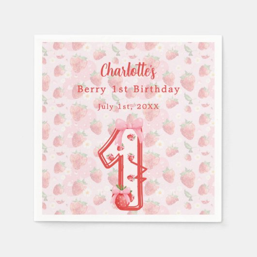 Berry 1e verjaardag aardbeien rood servet (Voorkant)