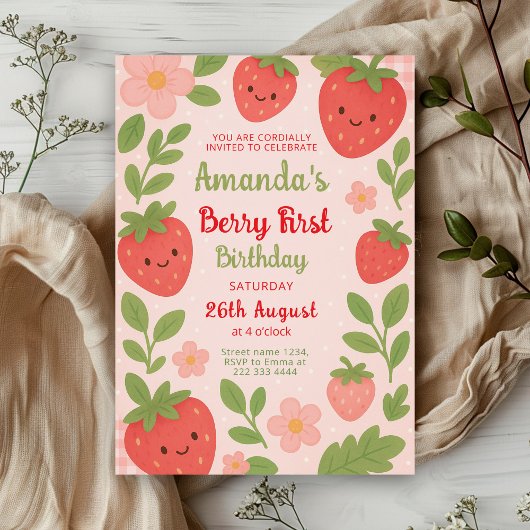 Berry 1e verjaardag aardbeien viering kaart
