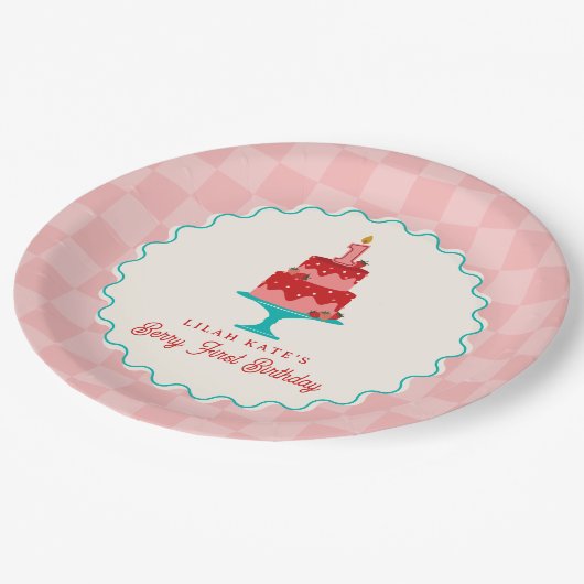 Berry 1e verjaardag Aardbeienmand Checkerboard Papieren Bordje (Gekanteld)