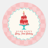 Berry 1e verjaardag Aardbeientaart Checkerboard Ronde Sticker (Voorkant)