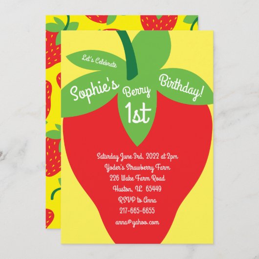 Berry 1e Verjaardag Mod Aardbei Uitnodigingen (Voorkant / Achterkant)