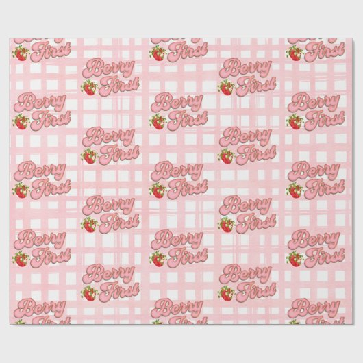 Berry 1e Verjaardag Roze Witte Strepen Aardbei Cadeaupapier (Vlak)