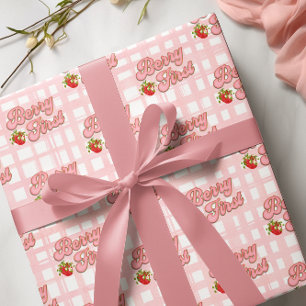 Berry 1e Verjaardag Roze Witte Strepen Aardbei Cadeaupapier