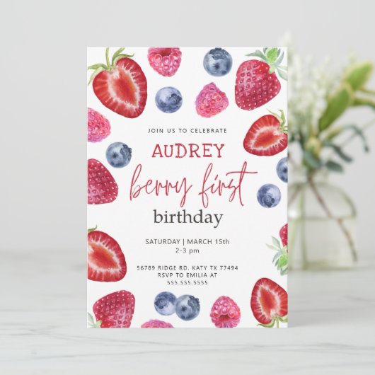 Berry 1e verjaardag Uitnodiging Berry Eerste verja (Staand voorkant)