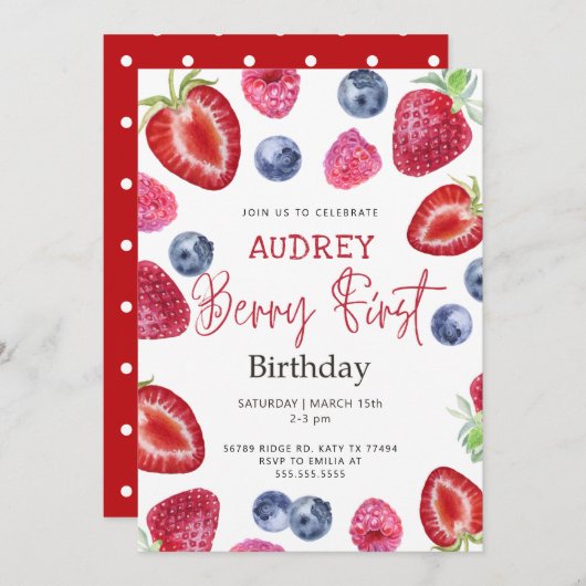 Berry 1e Verjaardag Uitnodiging Berry First Ver 2 (Voorkant / Achterkant)