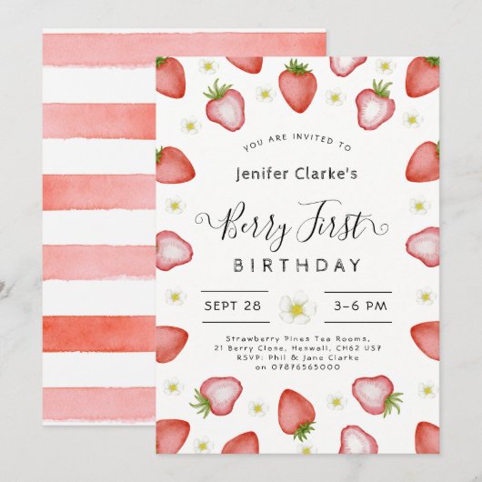 Berry 1e verjaardag uitnodiging, Meisje eerste ver Kaart (Voorkant / Achterkant)