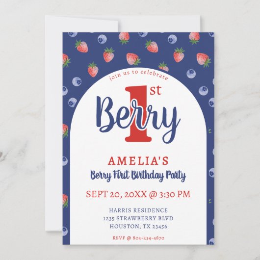 Berry 1e Verjaardagsfeest Aardbei Blauw Blauw Kaart (Voorkant)