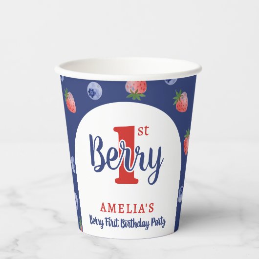 Berry 1e Verjaardagsfeest Aardbei Blauw Blauw Papieren Bekers (Voorkant)
