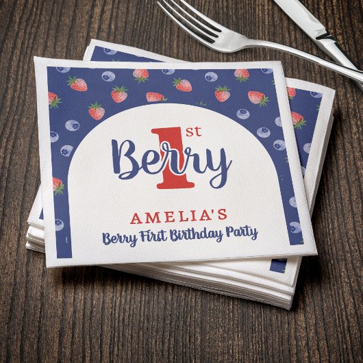 Berry 1e Verjaardagsfeest Aardbei Blauw Blauw Servet