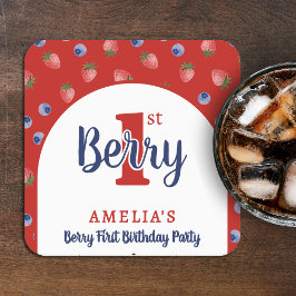 Berry 1e verjaardagsfeest Aardbei Blueberry Red Kartonnen Onderzetters