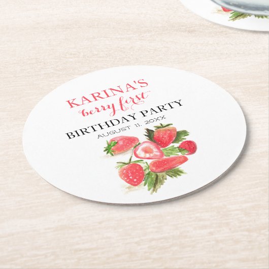 Berry 1e Verjaardagsfeest Aardbeienfruit Zomer Ronde Kartonnen Onderzetter (Gebogen)
