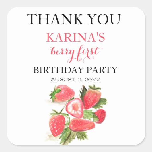 Berry 1e Verjaardagsfeest Aardbeienfruit Zomer Vierkante Sticker (Voorkant)