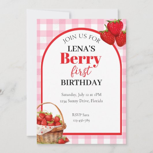 Berry 1st Bday Strawberry Uitnodigen Kaart (Voorkant)