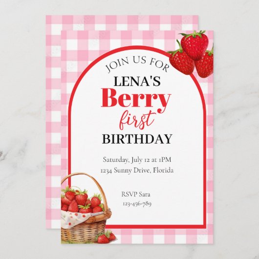 Berry 1st Bday Strawberry Uitnodigen Kaart (Voorkant / Achterkant)