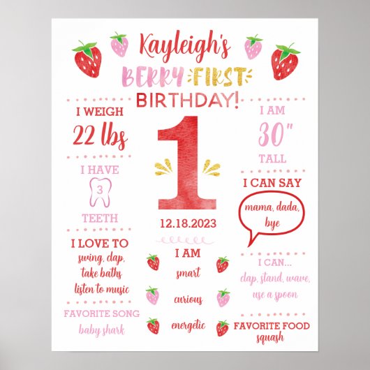 Berry 1st Birthday Milestone Poster Red Gold (Voorkant)