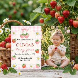 Berry 1st Birthday Strawberry Photo Invitation Kaart