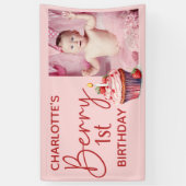Berry 1st Verjaardag Roze Rode Aardbei Naam Foto Spandoek (Verticaal)