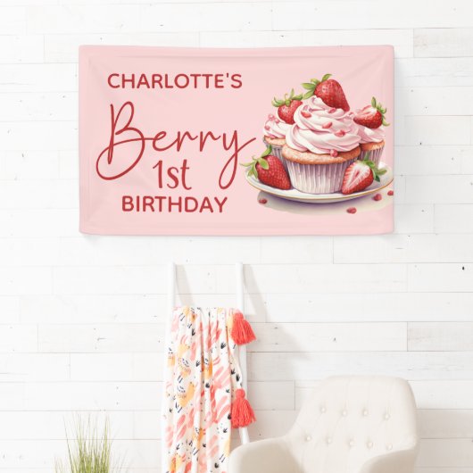 Berry 1st Verjaardag Roze Rode Aardbei Naam Spandoek (Insitu)