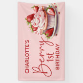 Berry 1st Verjaardag Roze Rode Aardbei Naam Spandoek (Verticaal)