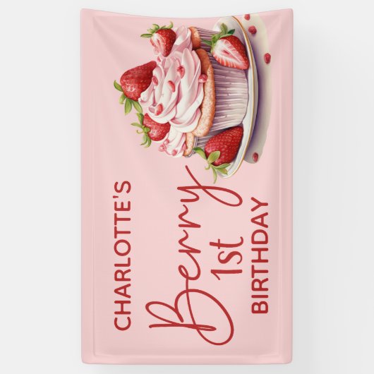 Berry 1st Verjaardag Roze Rode Aardbei Naam Spandoek (Verticaal)