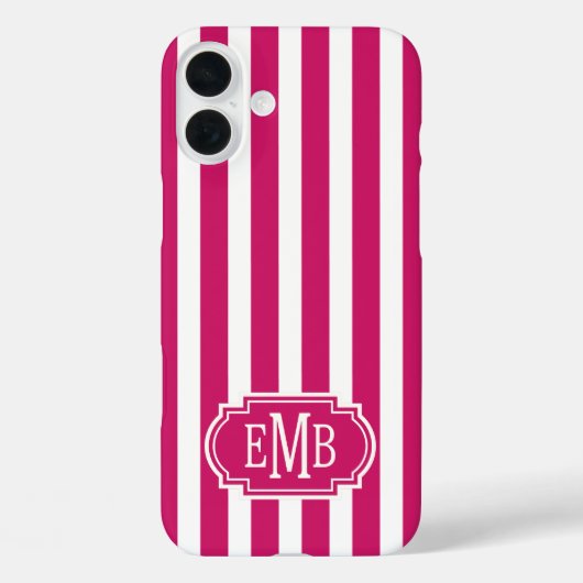 Berry and White Monogrammed Stripes Case-Mate iPhone Case (Achterkant)