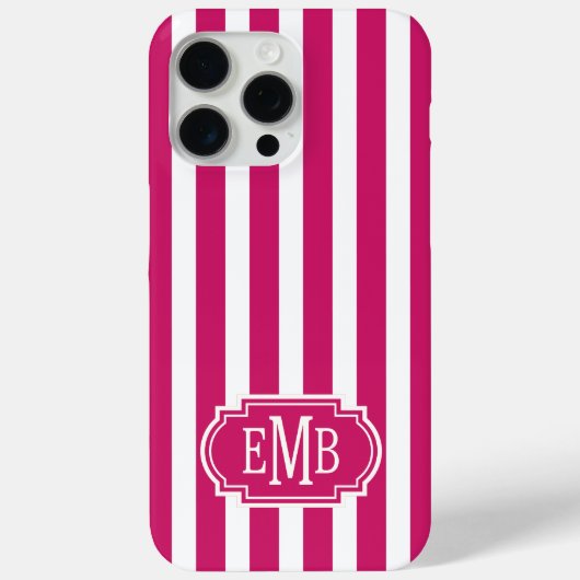 Berry and White Monogrammed Stripes Case-Mate iPhone Case (Achterkant)